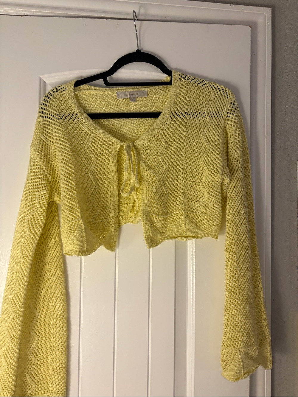 Anthropologie Pale Yellow Open-Knit Cropped Tie-Front Cardigan